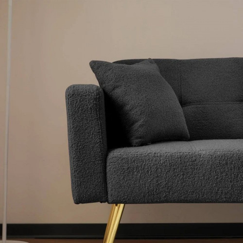 Sofá cama 175cm conversível, ângulo regulável, pernas douradas, tecido sherpa, bolsos laterais, para sala e convidados