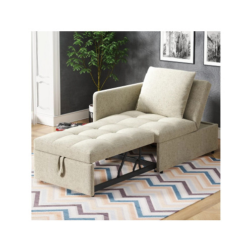 Sofá cama 3 en 1 con respaldo regulable, en tejido de lino, color beige (177x68x65 cm)
