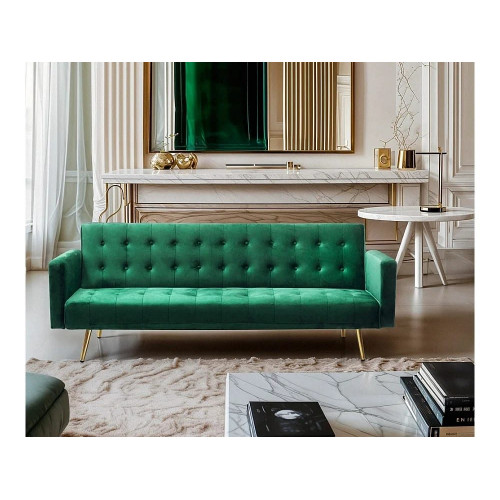 Sofá cama clic clac moderno de 3 plazas de terciopelo con patas doradas Caullae - Verde oscuro