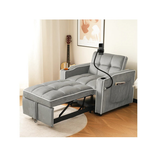Sofá cama de 1 plaza con portavasos y soporte para teléfono - 83 x 75 x 167 cm - Terciopelo - Gris