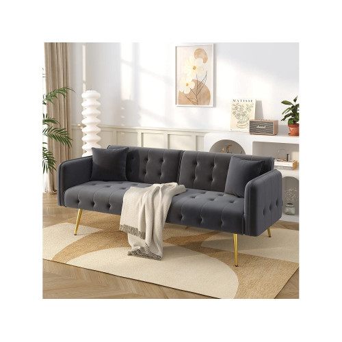 Sofá cama de 2 plazas - 178 x 82 x 70 cm - con respaldo y reposabrazos regulables - terciopelo - gris