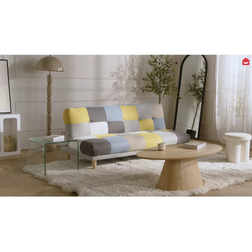 Sofá cama de 3 plazas de tela MARDAG - Patchwork gris, azul, amarillo