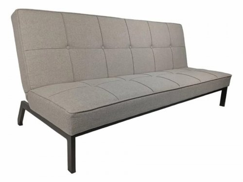 Sofá cama de 3 plazas tapizado en tela gris y patas de metal negras