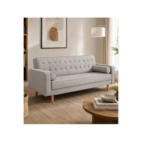 Sofá cama de 85x214x82-108 cm con acabado capitoné y cojines laterales color gris Pynkie