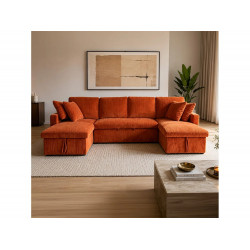 Sofá Cama de Esquina Moderno de Terciopelo Terracota con Almacenamiento - MAHÉ Panorámico Convertible de 4 Plazas