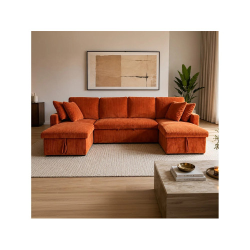 Sofá Cama de Esquina Moderno de Terciopelo Terracota con Almacenamiento - MAHÉ Panorámico Convertible de 4 Plazas