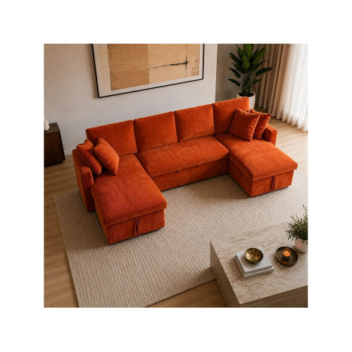 Sofá Cama de Esquina Moderno de Terciopelo Terracota con Almacenamiento - MAHÉ Panorámico Convertible de 4 Plazas