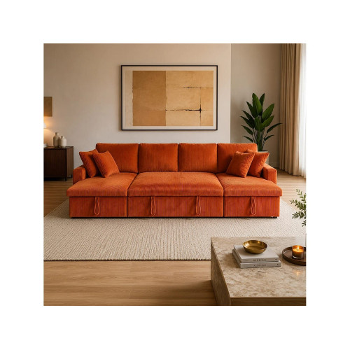 Sofá Cama de Esquina Moderno de Terciopelo Terracota con Almacenamiento - MAHÉ Panorámico Convertible de 4 Plazas