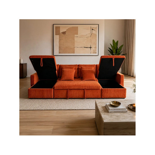 Sofá Cama de Esquina Moderno de Terciopelo Terracota con Almacenamiento - MAHÉ Panorámico Convertible de 4 Plazas