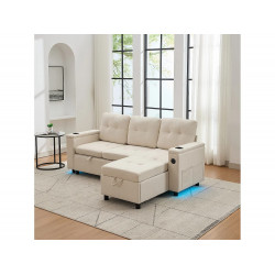 Sofá cama esquinero de 3 plazas con iluminación LED, espacio de almacenamiento y puertos USB - Tela beige