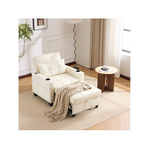 Sofá cama extensible 3 en 1 con portavasos y USB, madera y metal, blanco (74 x 87 x 84 cm)