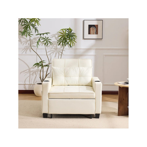 Sofá cama extensible 3 en 1 con portavasos y USB, madera y metal, blanco (74 x 87 x 84 cm)