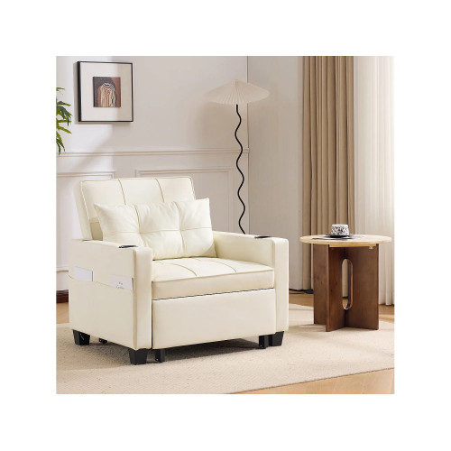 Sofá cama extensible 3 en 1 con portavasos y USB, madera y metal, blanco (74 x 87 x 84 cm)