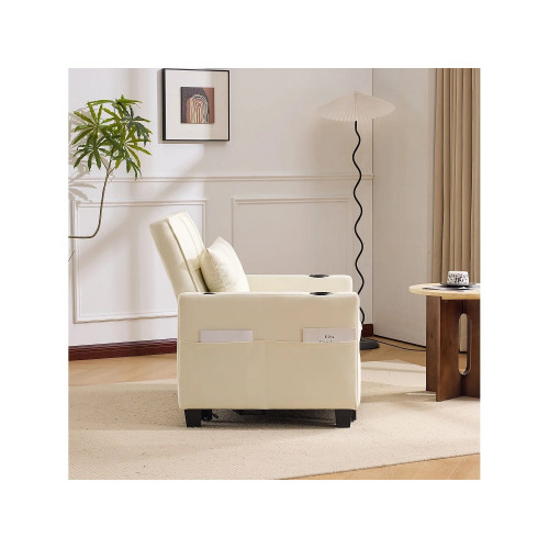 Sofá cama extensible 3 en 1 con portavasos y USB, madera y metal, blanco (74 x 87 x 84 cm)
