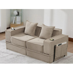 Sofá cama modular de 2 plazas, espuma ergonómica de alta densidad, portavasos, almacenaje, convertible