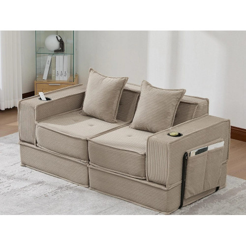 Sofá cama modular de 2 plazas, espuma ergonómica de alta densidad, portavasos, almacenaje, convertible
