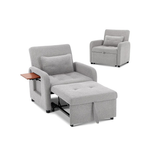 Sofá cama plegable gris claro – tela multifuncional, convertible de asiento a cama, USB, mesa plegable, cojín, respaldo ajustable