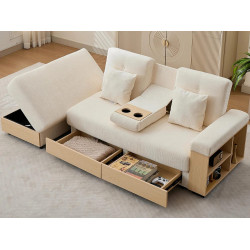 Sofá Cama Rinconera de Chenilla Beige 217x110x90cm - Canapé Convertible Moderno con Arcón Hidráulico, 2 Cajones y Portavasos