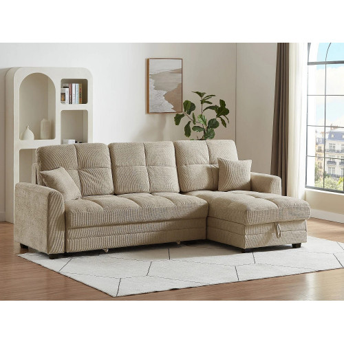 Sofá cama rinconera reversible en chenilla beige LUMARIO