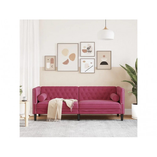Sofá Chesterfield 3 plazas con cojines terciopelo rojo tinto