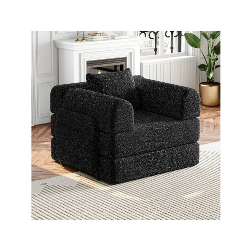Sofá convertible con reposabrazos acolchados y bolsillos laterales, estructura de metal - Chenilla negra