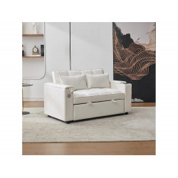 Sofá convertible de 2 plazas en tela beige - Con respaldo regulable, puertos USB y un pequeño estante