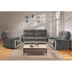 Sofá de 3 plazas relax eléctrico de terciopelo METTI - Gris y bandas crudo