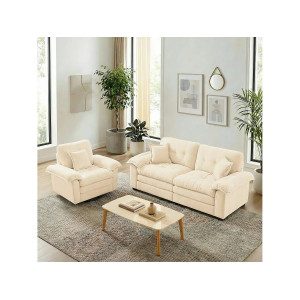 Sofá de dos plazas y sillones giratorios en tejido chenilla beige - Con cojines