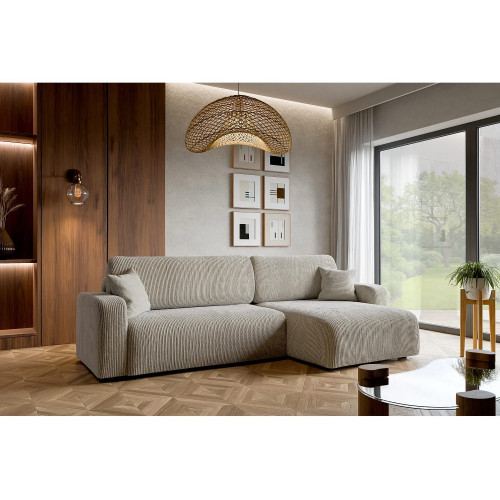 Sofá de esquina convertible PIANO XL en terciopelo de canalé beige, con arcón y sistema de apertura rápida