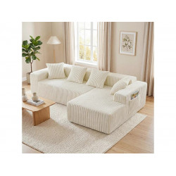 Sofá de Esquina Derecha Modular 3 Plazas, en Pana beige, con 4 Cojines, chaise longue y bolsillo lateral, 261x156x80cm