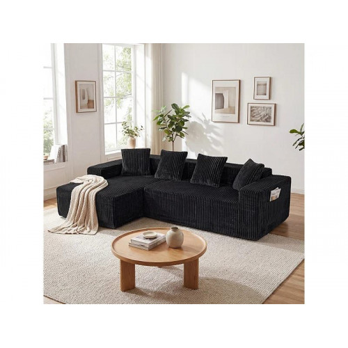 Sofá de Esquina Izquierda Modular - en Pana Negro - 3 Plazas - con 4 Cojines y chaise longue - 261x156x80cm