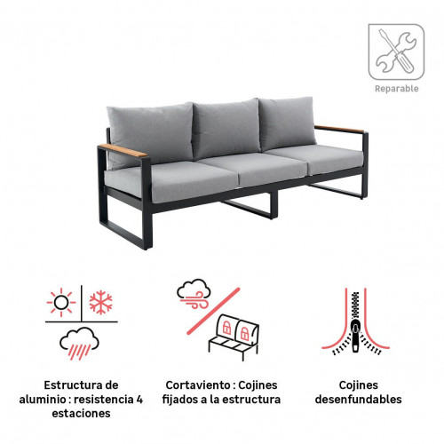 Sofá de jardín con cojín de jardín de aluminio Persea gris