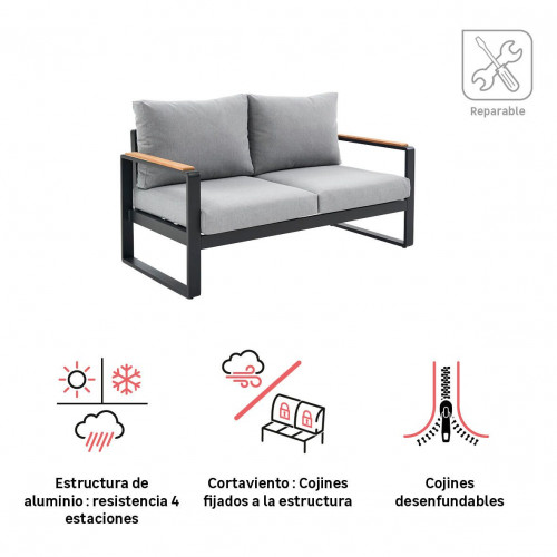 Sofá de jardín con cojín de jardín de aluminio Persea gris para 2 personas