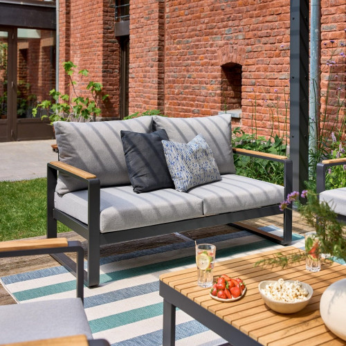 Sofá de jardín con cojín de jardín de aluminio Persea gris para 2 personas