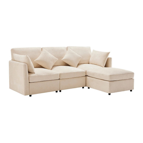 Sofá esquinero 216x161x81 cm con puf móvil, 4 cojines, cojines de asiento desenfundables, chenilla beige