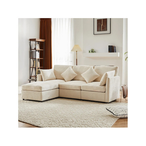Sofá esquinero 216x161x81 cm con puf móvil, 4 cojines, cojines de asiento desenfundables, chenilla beige