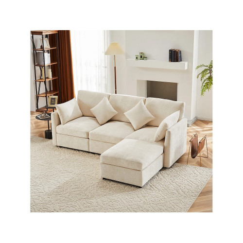 Sofá esquinero 216x161x81 cm con puf móvil, 4 cojines, cojines de asiento desenfundables, chenilla beige