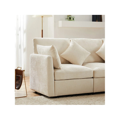 Sofá esquinero 216x161x81 cm con puf móvil, 4 cojines, cojines de asiento desenfundables, chenilla beige