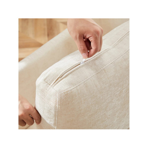 Sofá esquinero 216x161x81 cm con puf móvil, 4 cojines, cojines de asiento desenfundables, chenilla beige