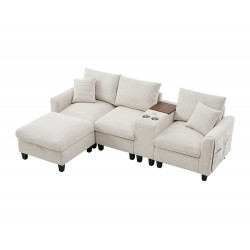 Sofá esquinero 229x149.5x83 cm, consola con 2 portavasos y 2 USB, puf arcón, pana beige