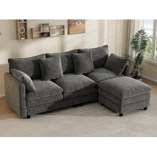 Sofá Esquinero 3 Plazas 212x150cm - Banqueta L Incluye Meridiana Reversible, 4 Cojines Decorativos, Tela Chenilla - Gris