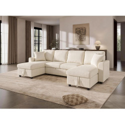 Sofá esquinero convertible de chenilla de 4 plazas con cojines y USB - Beige