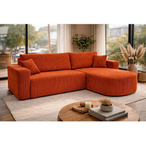 Sofá esquinero reversible convertible con función de cama y arcón de almacenamiento, chaise longue universal, en terciopelo acanalado cobrizo Kimo XL