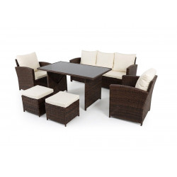 Sofa + Mesa + 2 Sillones+ 2 pufs de Ratan PE. Muebles de Jardin y Terraza, Marron