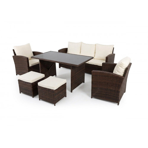 Sofa + Mesa + 2 Sillones+ 2 pufs de Ratan PE. Muebles de Jardin y Terraza, Marron