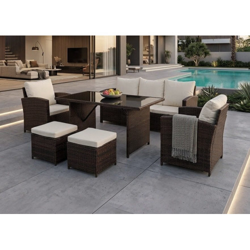 Sofa + Mesa + 2 Sillones+ 2 pufs de Ratan PE. Muebles de Jardin y Terraza, Marron
