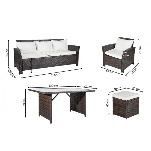 Sofa + Mesa + 2 Sillones+ 2 pufs de Ratan PE. Muebles de Jardin y Terraza, Marron