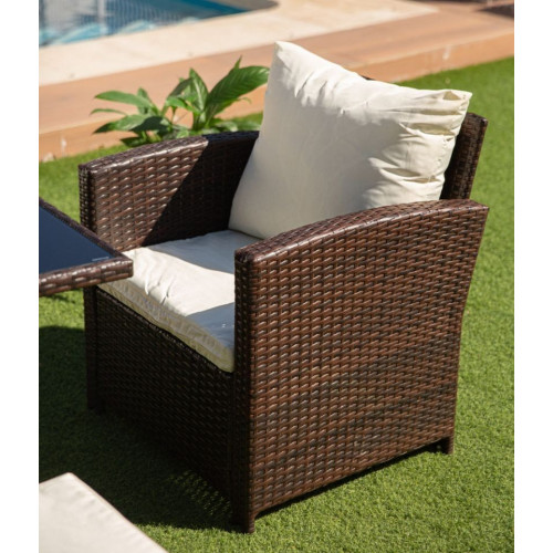 Sofa + Mesa + 2 Sillones+ 2 pufs de Ratan PE. Muebles de Jardin y Terraza, Marron