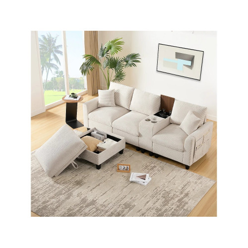 Sofá moderno de 4 plazas con reposapiés con almacenaje, 2 portavasos y puerto USB. Medidas: 229 x 149,5 x 83 cm. Tapizado en terciopelo beige.