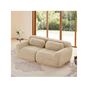 Sofá Modular 2 plazas en tela peluche, con 2 cojines, asiento extra profundo 75cm, 204x104x73cm, Caqui